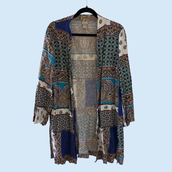Chico’s Open Front Topper Jacket – Multicolor Boho Patchwork Size 2 (US 12/14) - Picture 1 of 10